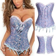 Women Lace Up Overbust Boned Corset Bustier Burlesque Basque Top Costume Shaper