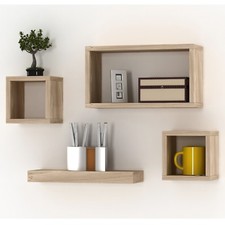 Set Of 4 Wooden Floating Cube Shelves Wall Hanging Storage Display Deco Shelving
