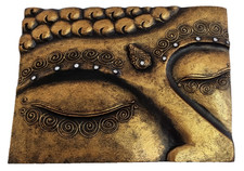 Buddha Eyes Wooden Wall Plaque Hand carved. Gold Brown with mirror detailing