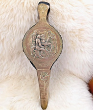 Vtg small copper-plated bronze fireplace bellows art deco rose/humans 37x14 cm