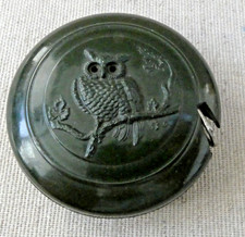 Vintage Dark Olive Green Bakelite Sewing Tape Measure with Owl Decoration