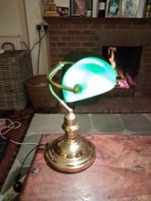 Vintage Brass Bankers Desk Lamp With Green Glass Shade Fully Working, Large Base