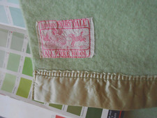 BLANKET VINTAGE PURE WOOL HAWKINS PALE GREEN SATIN RIBBON BOUND 60"  WIDE  THICK