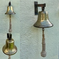 Large Heavy Vintage Bronze Ships Bell, Hanger & Bell Rope (c.1930-50)