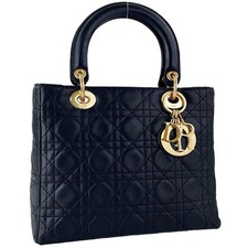 Christian Dior Lady Dior Logo Charm Lambskin Fabric Black Handbag 3733