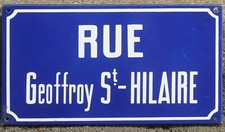 Old vintage French enamel street sign plaque rue Geoffroy Saint-Hilaire Geoff
