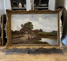 Large Antique Oil Painting ‘Female Figures by a Thatched Cottage’ Signed Gozzard