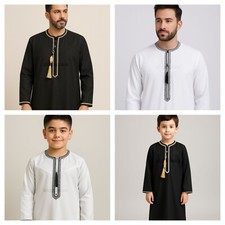Mens & Boys Emirati Tassel Thobe Designer Jubba Omani White & Black | alqasswa