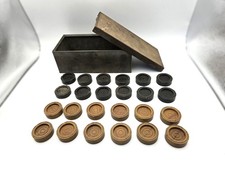 Vintage / Antique Bakelite Draughts in metal tin - Checkers brown & black 24 set