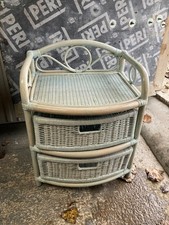 Vintage Light Blue Bamboo & Wicker 2 Drawer Bedside Cabinet Unit Table Storage