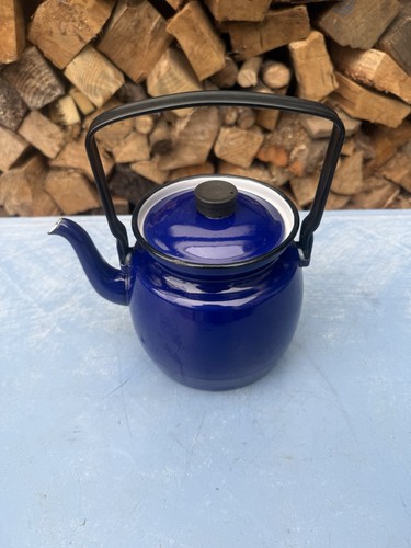 Vintage blue enamel kettle - enamel,