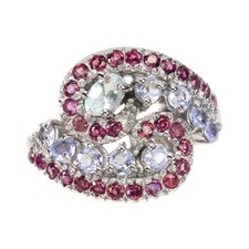 925 Sterling Silver Oval Aquamarine Rhodolite Garnet Tanzanite Ring 9