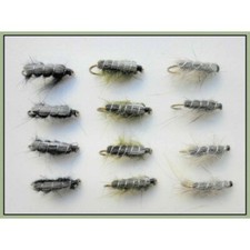 Semtex Nymph Trout Flies, 12 x black, Olive & Hares Ear (Czech Nymphs) Size choc