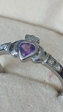 Vintage 1970-s Celtic Claddagh Amethyst 925 Silver Ring in Box UK R 1/2, US 8.75