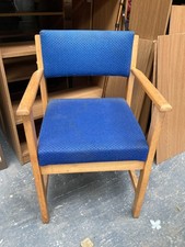 Retro Brown Wooden Frame Office Carver Dining Chair Blue Fabric Seat & Back
