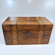 Antique Inlaid Wooden Tea Caddy Box with Twin Lids & Red Lined Interior 22cm