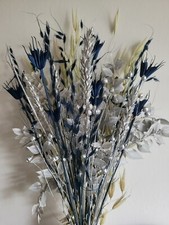 DRIED FLOWER BOUQUET 40CM HANDMADE CHRISTMAS MIXED - WHITE, NAVY & SILVER