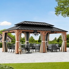 12'x20' Cedar Wood Gazebo Wooden Hardtop Gazebos with Dual Metal Roof,Curtains