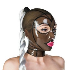 Transparent black latex hood with wigs open eyes nose mouth coplay party hood US
