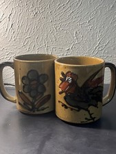 Set of 2) 70's Rooster and Flower Coffee Mugs Tea Cup Japanese Stoneware Brown
