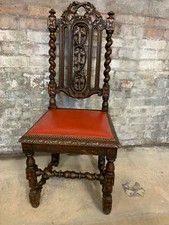 Carved Oak Hall Chair. Antique Victorian High Back Heavily Carved Barley Twist 