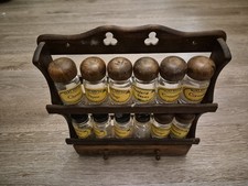 Vintage 2-Tier Wood Spice Rack & 12 Glass Jars With Wooden Lids
