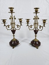 Pair Of French Candelabras Candlesticks 19th Century Antique 3 Arm Brass/Marble 