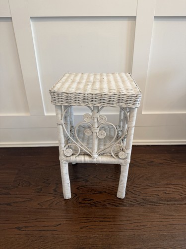 White wicker side end table - side,