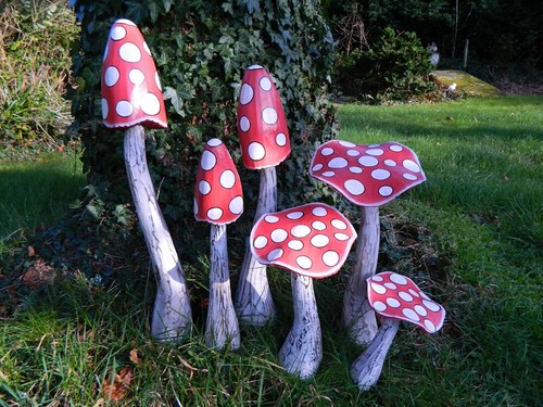 Six wooden mushroom toadstools - mushroom,