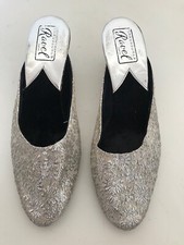 Vintage 50s French Chaussures Ravel Silver Brocade Kitten Heel Mules Shoes | 3