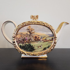 Antique Sadler Porcelain Teapot w/ Lid Hunt Scene Gold #1703 Made in England