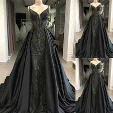 Black Gorgeous Mermaid Gothic Wedding Dress Detachable V Neck Satin Bridal Gown