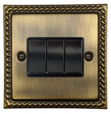 G&H MAB3B Monarch Roped Antique Brass 3 Gang 1 or 2 Way Rocker Light Switch