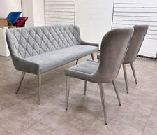 Furniture Village 'Donnie' Dining Bench + 2 Chairs Set Silver Grey Velvet NEW
