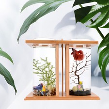 Glass Betta Fish Tank Bamboo Base Mini Aquarium Fish Tank For Desktop