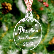 Baby First Christmas Tree Bauble Personalised Decoration Gift Clear Ornaments.