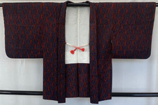 Japanese Vintage Kimono Haori Jacket Cotton Blue Red Traditional Authentic 32in