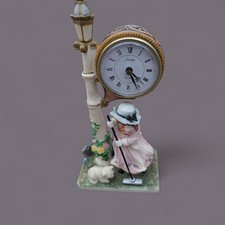 Juliana Quartz Mantel Clock Victorian Lady Figurine with Cat & Lamp Post Vintage