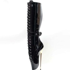Women Fashion Lace Up Black Patent leather Knee Boots Ballerina Ballet High Heel