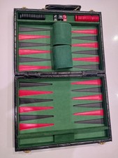 Vintage Backgammon Set Portable Complete Black Faux Leather Travel Case 