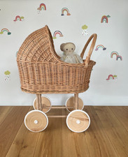 WICKER TALL DOLLS PRAM, DOLLS PRAM, BEDDING INCLUDED