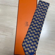 HERMES Tie Navy Gold Geometric