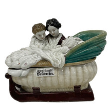 Antique ceramic ink well Desk Mother with Children and crib cradle Staffordshire