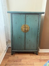 Chinese Distressed Turquoise Cabinet / Vintage Oriental Style