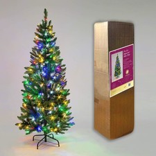 Pre-Lit Christmas Tree Slim Pine Narrow Xmas Decoration Multicolour LEDs, 150cm
