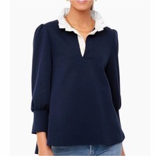 Tuckernuck XS pomander place Charlotte blouse ruffle neck navy blue preppy 