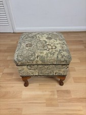 Vintage Footstool Ottoman Sewing Box With Floral Design & Queen Anne Style Legs