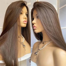 Frontal Lace Wig Layered Pre Plucked Long Straight Heat Resistant Hair Brown