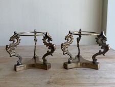 Vintage Pair Of Brass Dragon Ornate Crystal Ball Holders / Candle Stands