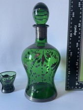 Rare Vintage Antique Green Bohemian Decanter 3 Small Glasses Hand Painted Retro